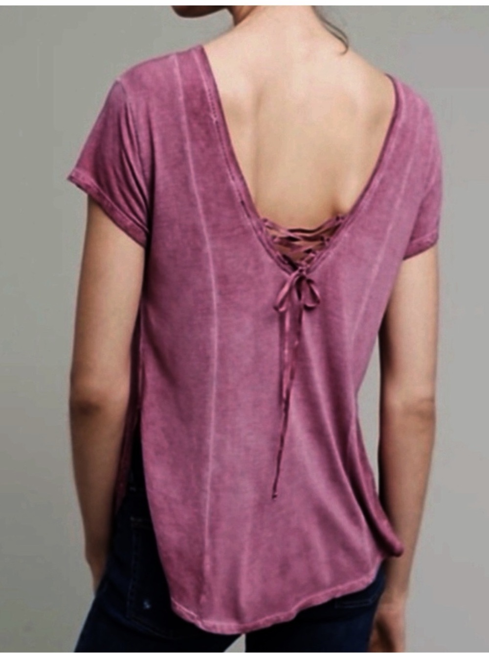 NWT Anthropologie Lilka Mix & Match Burn Out Lace Back Tee in Plum Size L